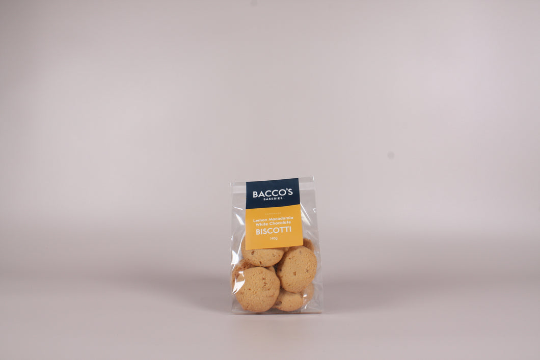 140g Bacco's Lemon, Macadamia & White Chocolate Biscotti